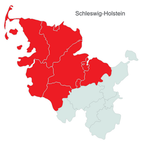 Schleswig-Holstein Karte: Stadt Flensburg, Kreis Nordfriesland, Kreis Schleswig-Flensburg, Stadt Kiel, Kreis Plön,  Kreis Rendsburg-Eckernförde, Stadt Neumünster, Kreis Dithmarschen und Kreis Steinburg